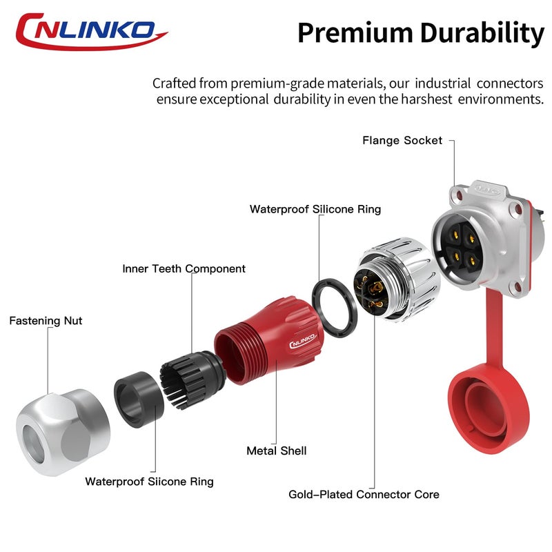 CNLINKO DH-24 4 PIN Industrial Waterproof Connectors, IP68 Circular Connector, Hard Metal Anti-Interference Shell, Quick Plug Aviation Connector, M24 Panel Mount Flange Socket (4-Pin) - Image 4